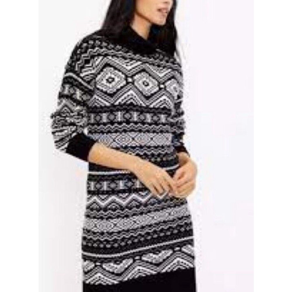 NWT LOFT Women's Fair Isle Turtleneck Sweater Dress - Black - Size Small